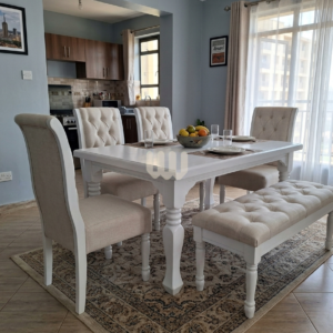 Mwangaza Tufted Dining Set – 6 Seater | 4 Chairs + Dining Bench | White Finish