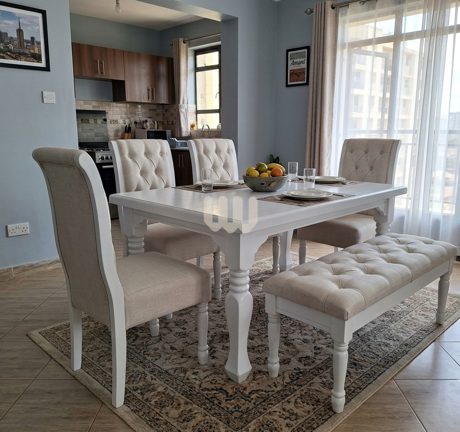Mwangaza Tufted Dining Set – 6 Seater | 4 Chairs + Dining Bench | White Finish