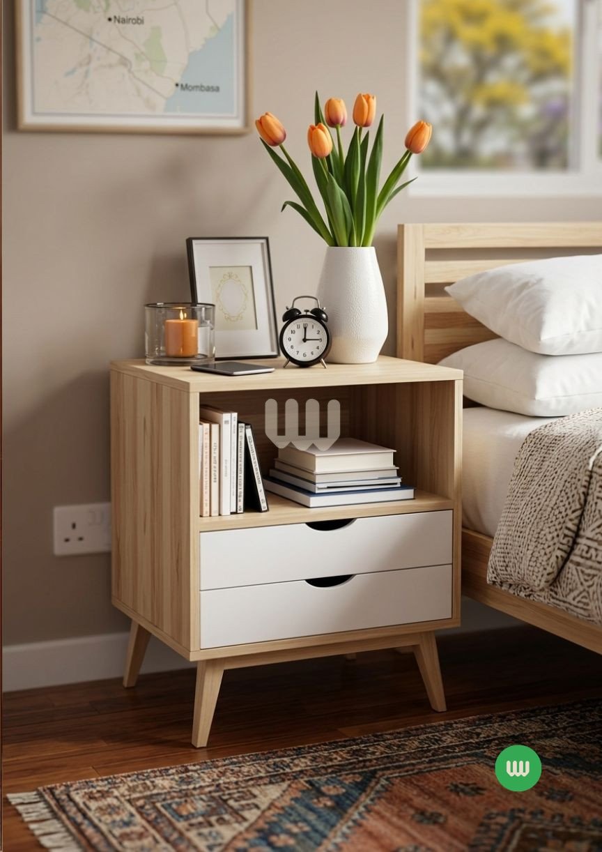 Jewel White Oak Bedside Cabinet – 2 Drawers & Open Shelf | White Drawer Fronts | Modern Storage Nightstand