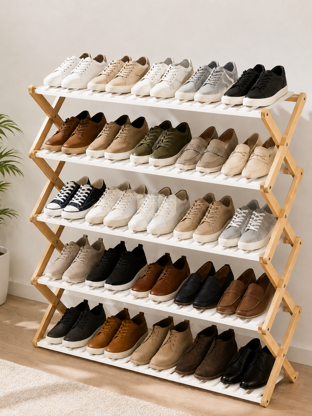 Jewel Foldable Wooden Shoe Rack – 25 Pairs | 5-Tier Folding Slatted Storage Rack | Natural Pine Finish