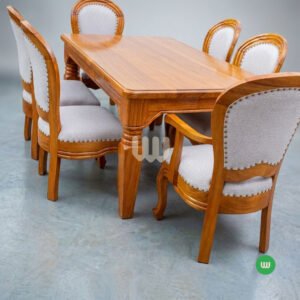 Oushmere Premium Antique Dining Set – 6 Seater | Solid Mvule Hardwood & Upholstered Chairs