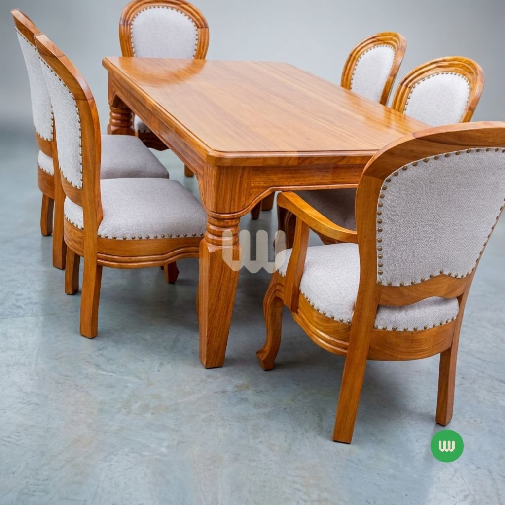 Oushmere Premium Antique Dining Set – 6 Seater | Solid Mvule Hardwood & Upholstered Chairs
