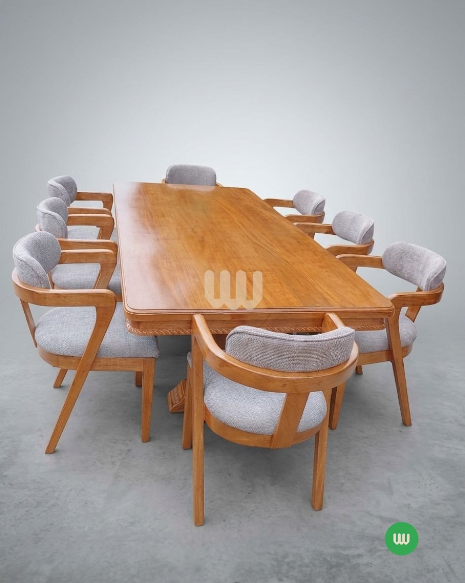 Oushmere Premium Cup Chair Dining Set – 8 Seater | Solid Mvule Hardwood & Upholstered Cup Chairs