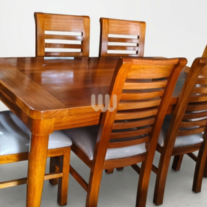 Oushmere Premium Dining Set – 6 Seater | Solid Mvule Hardwood & Grey Upholstered Chairs