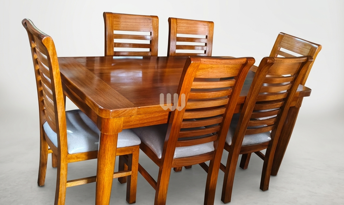 Oushmere Premium Dining Set – 6 Seater | Solid Mvule Hardwood & Grey Upholstered Chairs