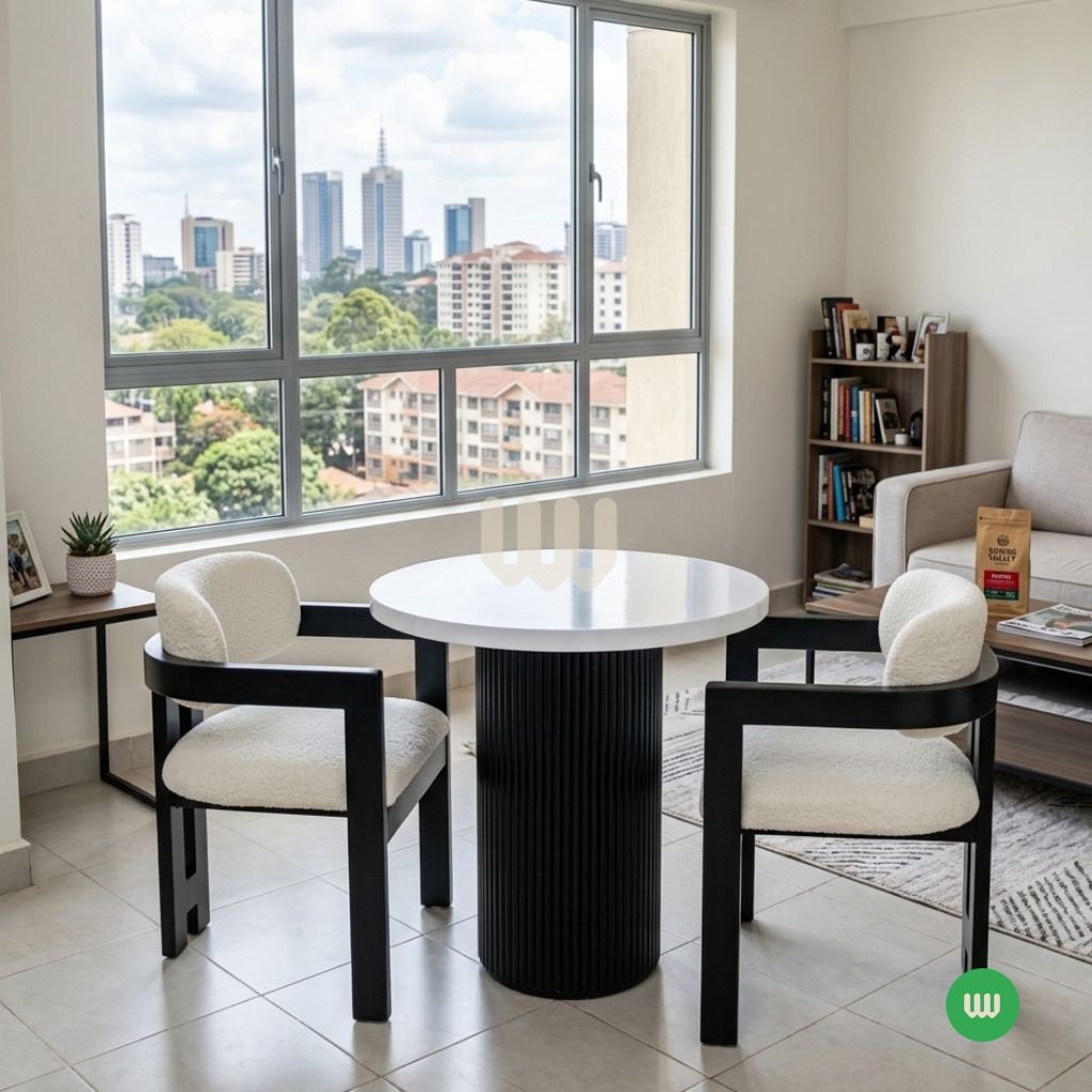 Sunshine Fluted Base Dining Set – 2 Seater | White Table Top | Black Painted Base | Beige Upholstered Chairs