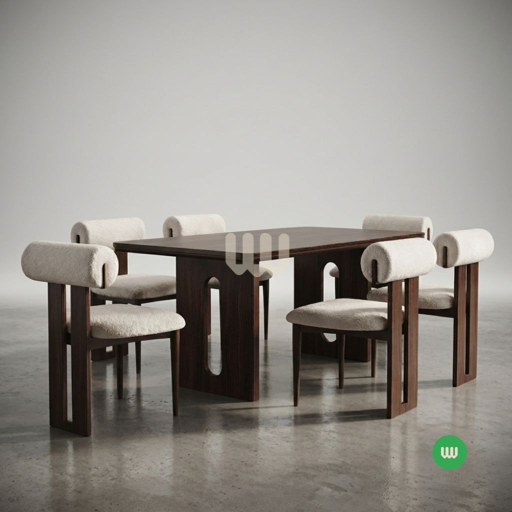 Sunshine Rolled Backrest Dining Set – 6 Seater | Matching Legs Table | Solid Hardwood | Walnut Finish