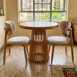 Sunshine minimalist-2 seater fluted base-round table-offwhite fabric-walnut finishing