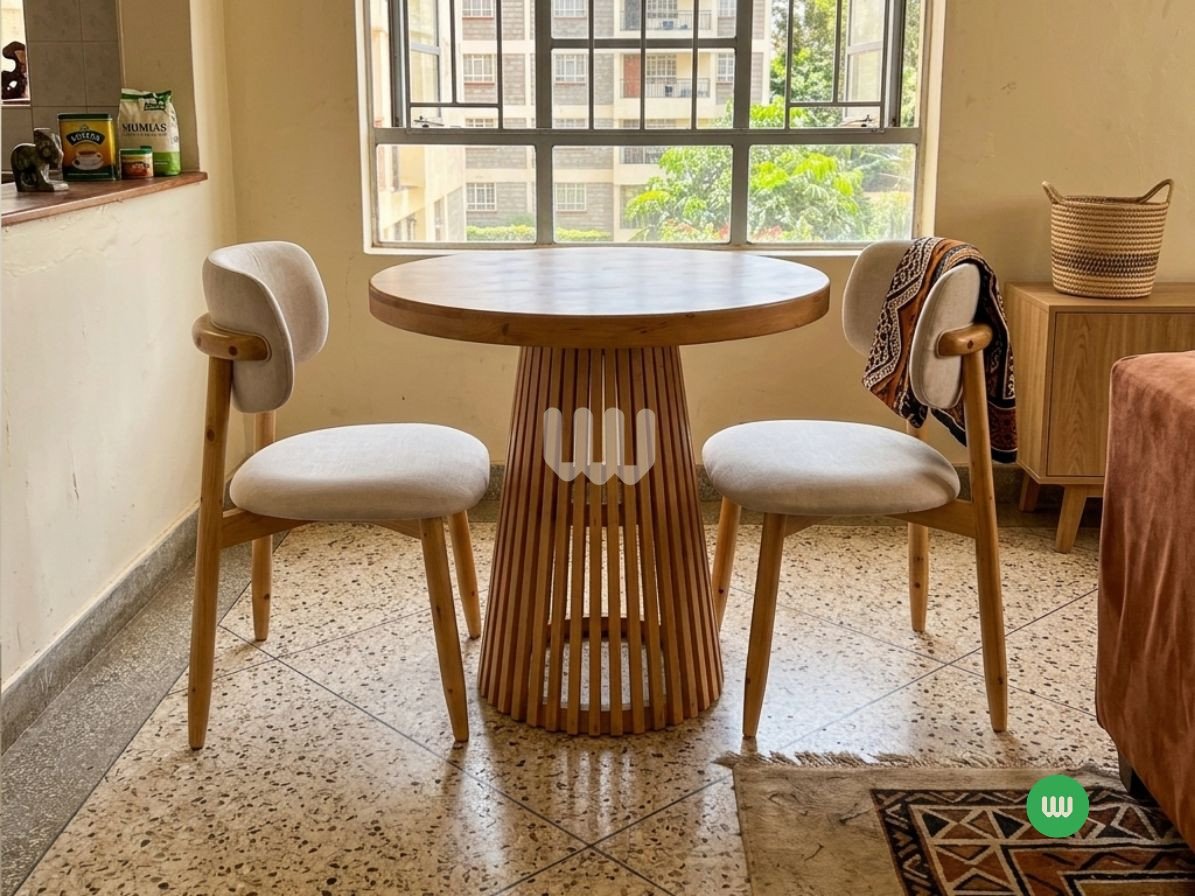 Sunshine minimalist-2 seater fluted base-round table-offwhite fabric-walnut finishing