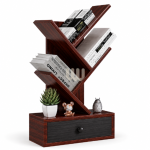 Jewel Wooden Tree Bookshelf | Solid Mahogany Display Shelf with Storage Drawer