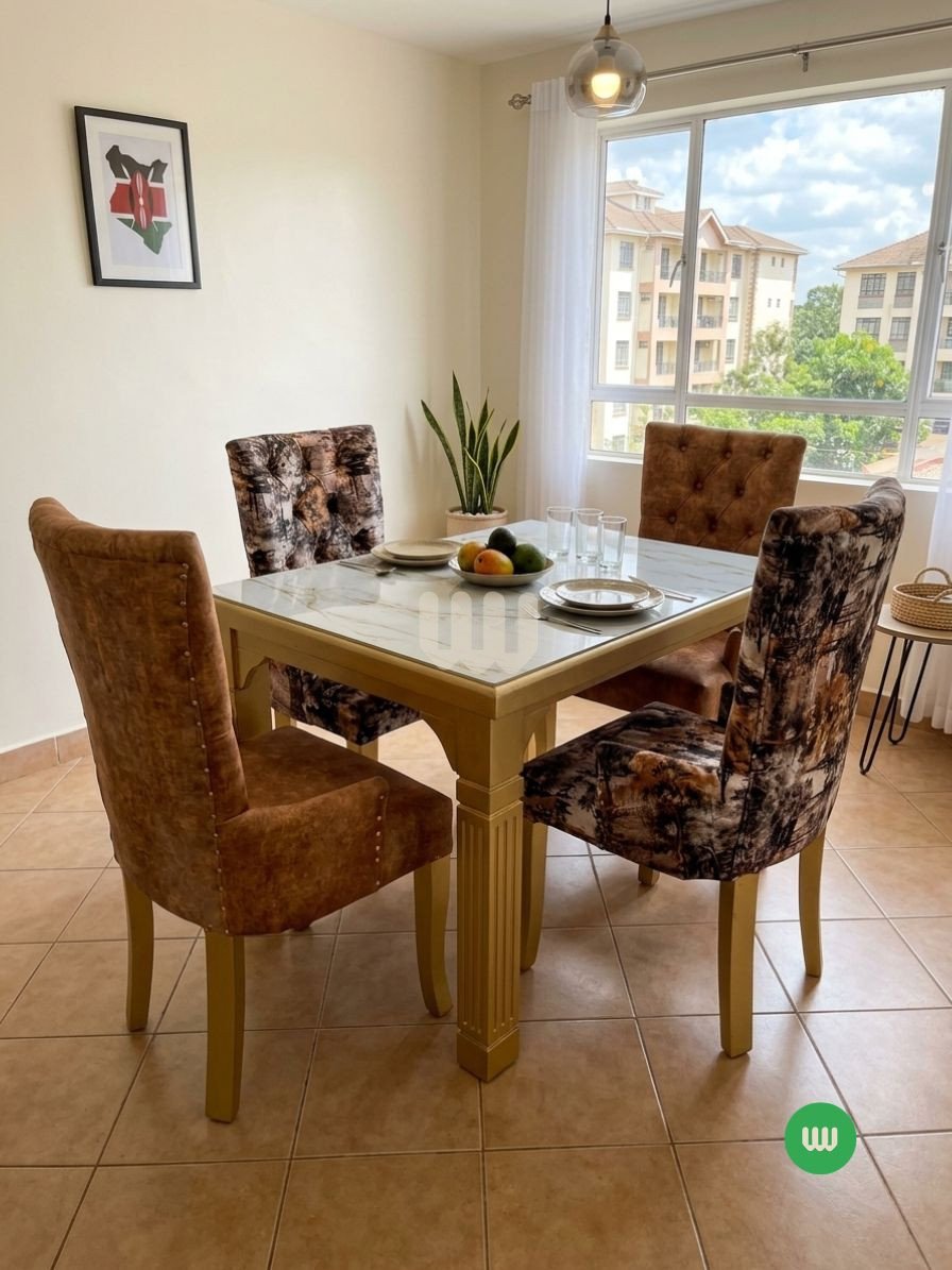 Kimwoods Chester Marble Dining Set – 4 Seater | Marble Top & Gold Finish | Mix-and-Match Upholstered Chairs