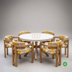Sunshine Minimalist Round Dining Set – 6 Seater | White Tabletop, Gold Finish & Patterned Upholstery