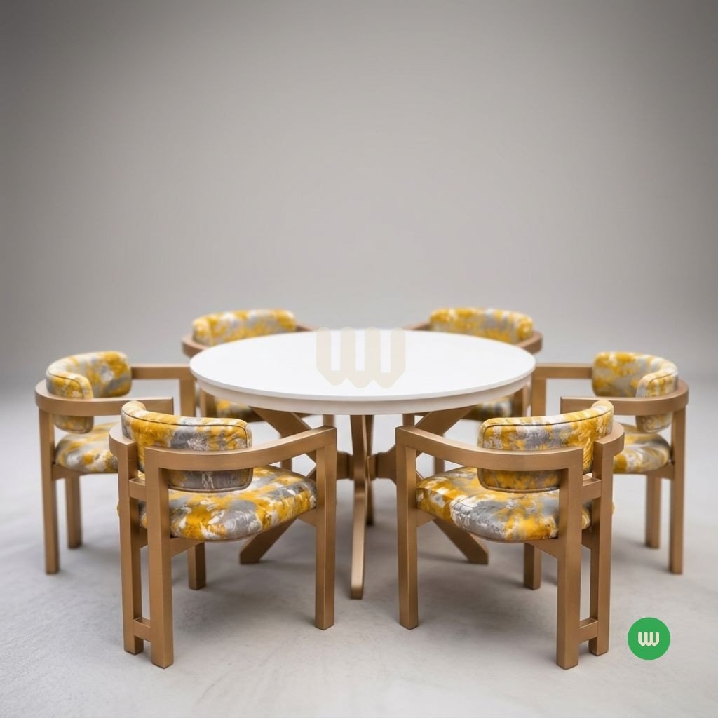 Sunshine Minimalist Round Dining Set – 6 Seater | White Tabletop, Gold Finish & Patterned Upholstery
