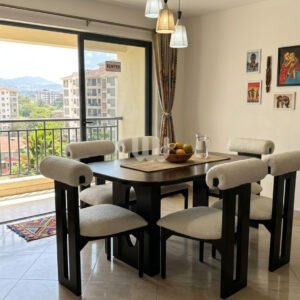 Sunshine Rolled-Back Dining Set – 6 Seater | Black Finish & Bouclé Upholstery