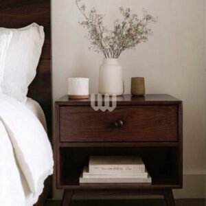 Jewel Walnut Bedside Table – 1 Drawer + Open Shelf | Premium MDF Board & Walnut Finish