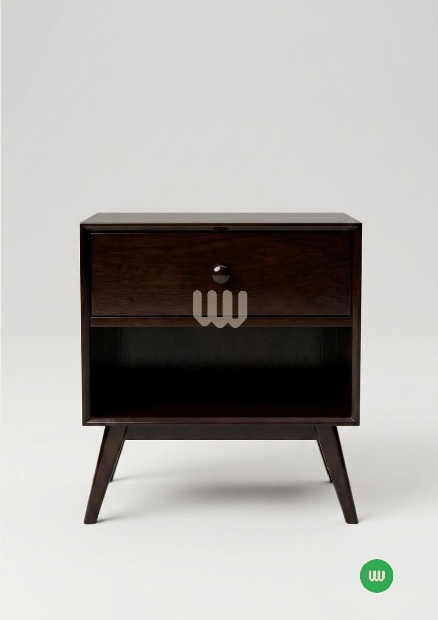 Jewel Walnut Bedside Table – 1 Drawer + Open Shelf | Premium MDF Board & Walnut Finish