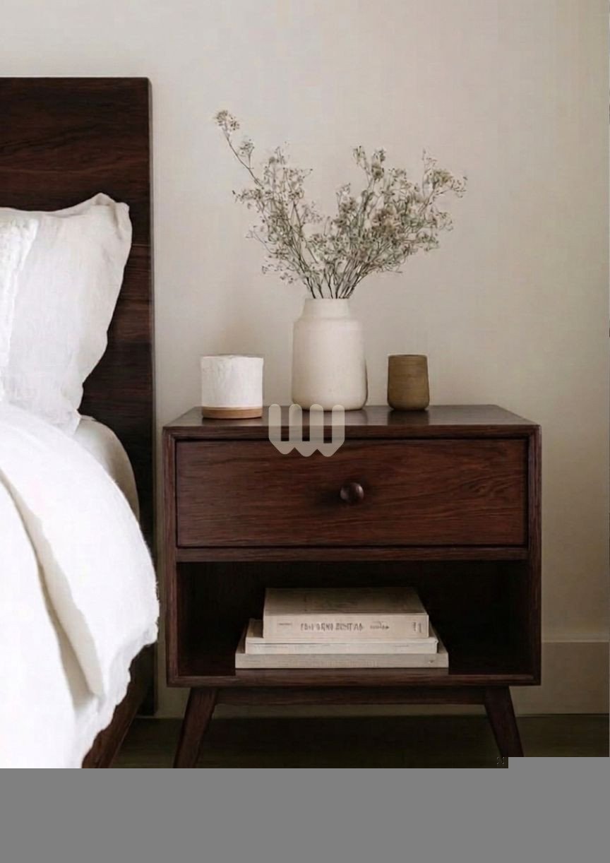 Jewel Walnut Bedside Table – 1 Drawer + Open Shelf | Premium MDF Board & Walnut Finish