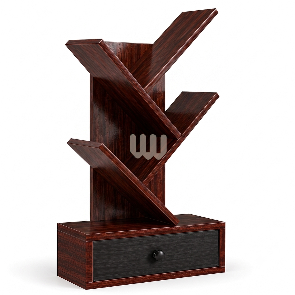 Jewel Wooden Tree Bookshelf | Solid Mahogany Display Shelf with Storage Drawer