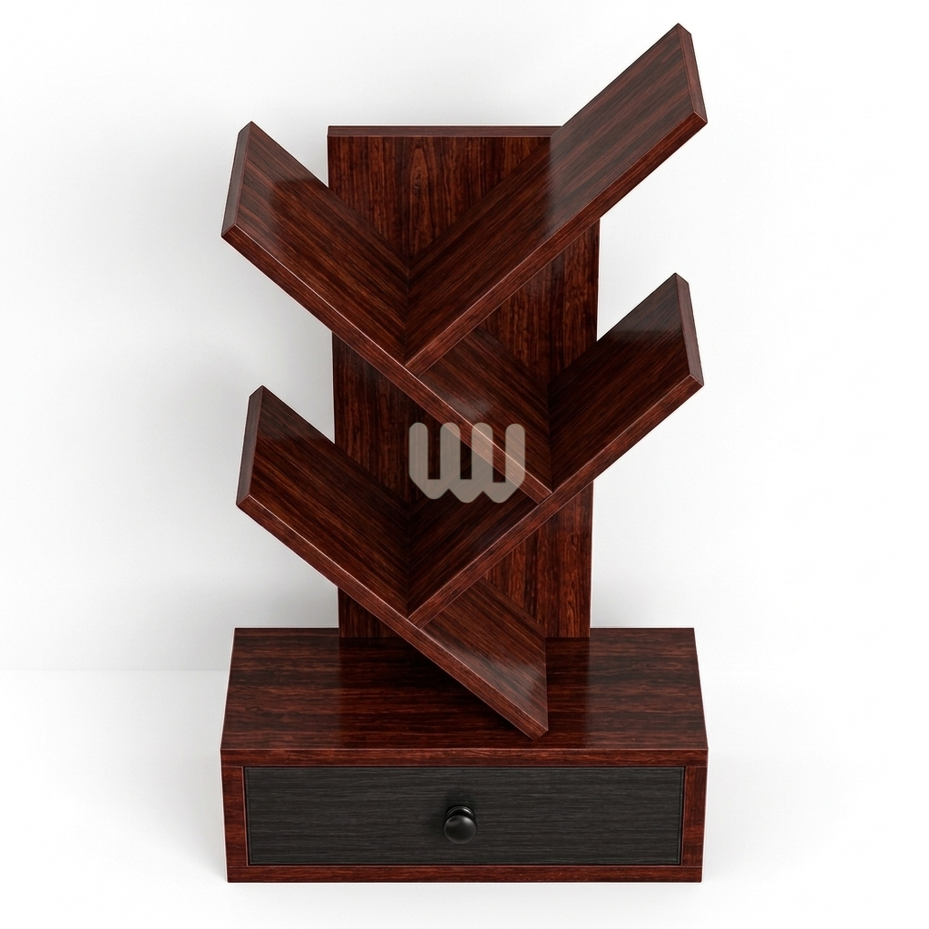 Jewel Wooden Tree Bookshelf | Solid Mahogany Display Shelf with Storage Drawer