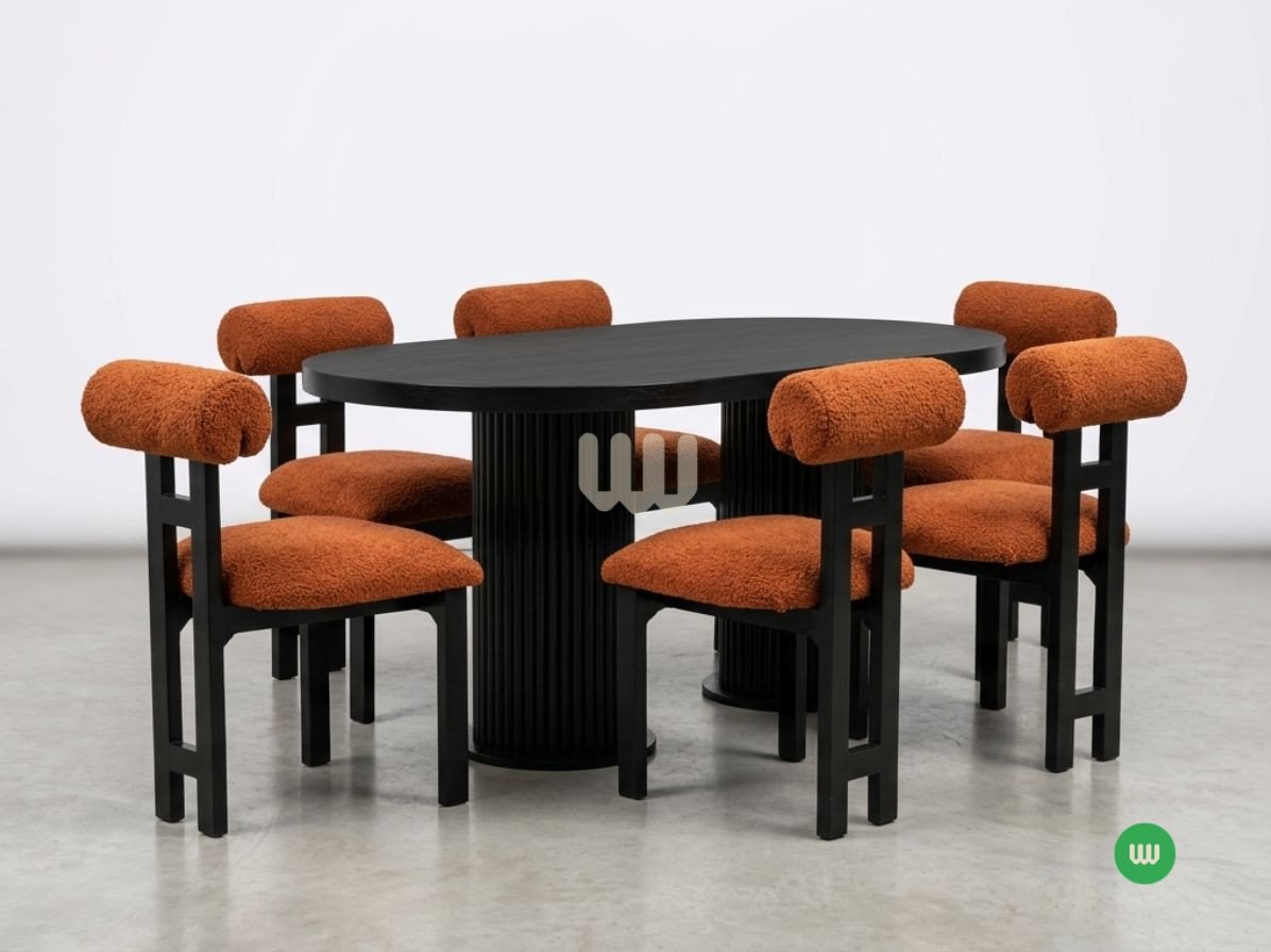 Sunshine Minimalist Dining Set – 4 Seater | Burnt Orange Bouclé Fabric & Black Finish