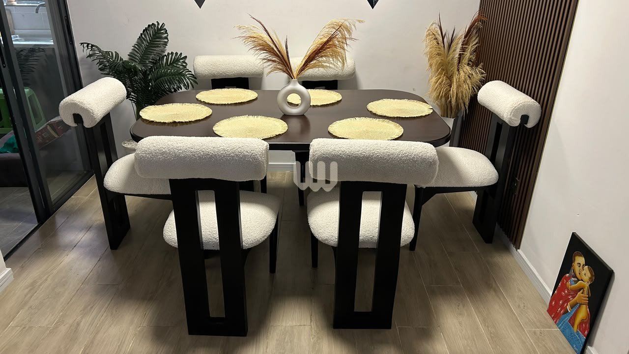 Sunshine Rolled Back Dining Set – 6 Seater | Solid Hardwood Frame & Walnut Finish