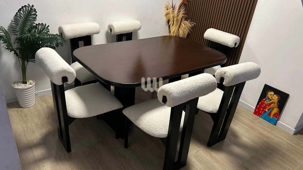 Sunshine Rolled Back Dining Set – 6 Seater | Solid Hardwood Frame & Walnut Finish