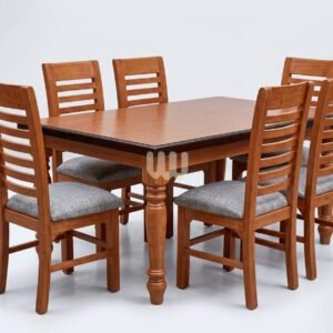 Bestie 6-Seater Dining Set – Cypress Wood, Mahogany-Stained Finish & Grey Fabric