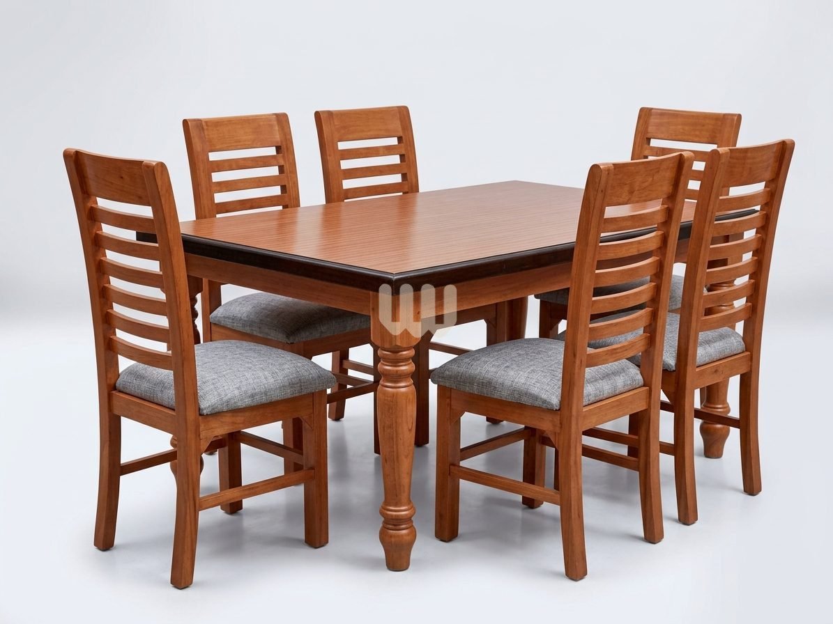 Bestie 6-Seater Dining Set – Cypress Wood, Mahogany-Stained Finish & Grey Fabric