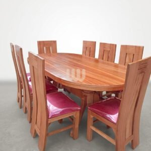 Bestie Mahogany 8-Seater Oval Dining Set | Mahogany Wood | Maroon Fabric | Laminated Board Top