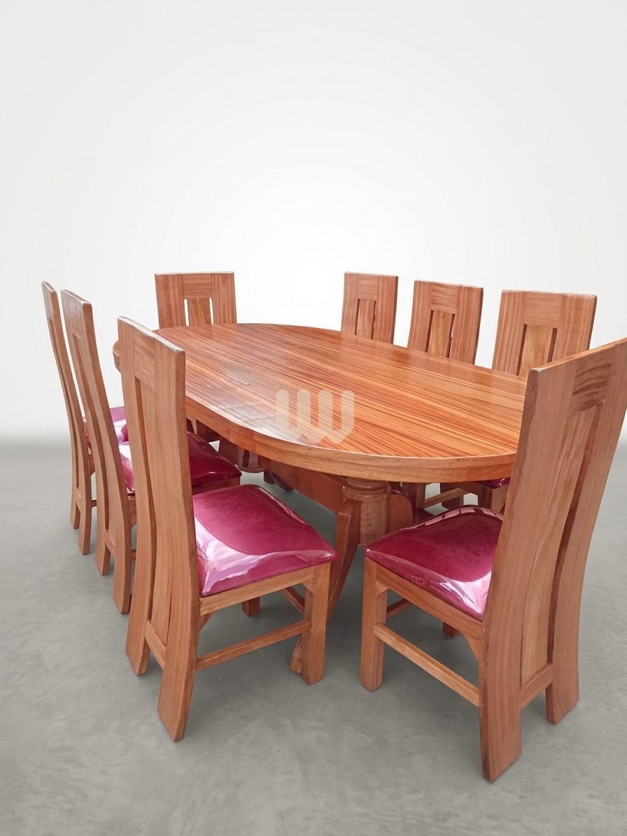 Bestie Mahogany 8-Seater Oval Dining Set | Mahogany Wood | Maroon Fabric | Laminated Board Top