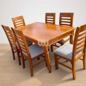 Bestie Mahogany 6-Seater Dining Set | Solid Mahogany Tabletop | Grey Fabric