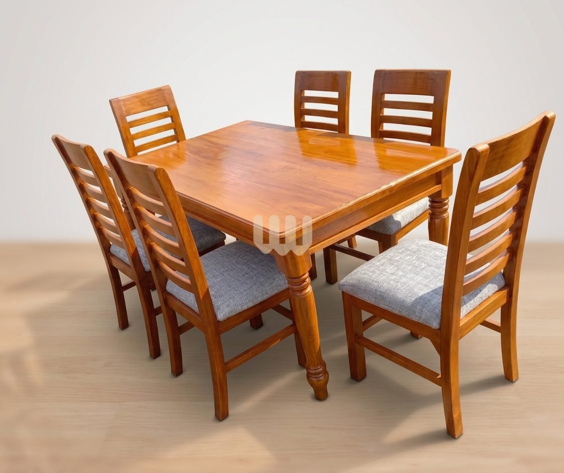 Bestie Mahogany 6-Seater Dining Set | Solid Mahogany Tabletop | Grey Fabric