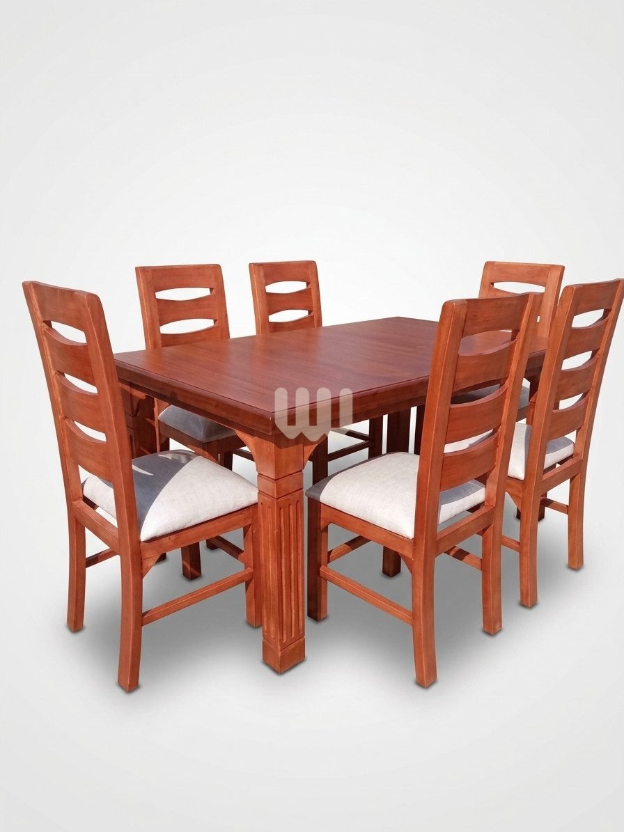 Bestie 6-Seater Wooden Dining Set – Cypress Wood | Mahogany Laminated Board Top | Beige Upholstery