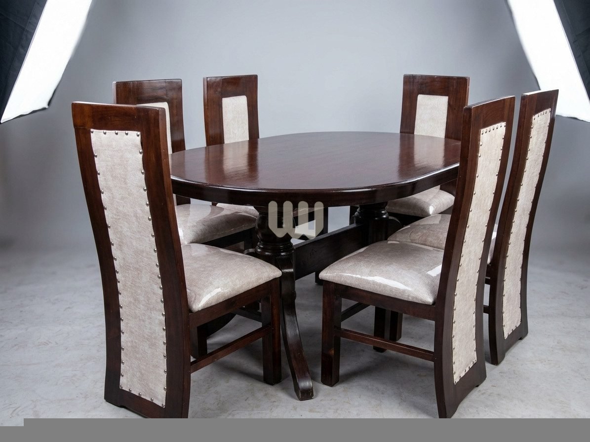 Claire & Clara 6-Seater Dining Set – Oval Table | Cypress Wood & Beige Upholstery