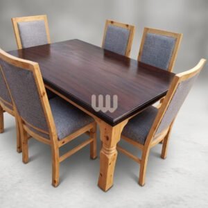 Claire & Clara Java 6-Seater Dining Set | Cypress Wood | Walnut MDF Tabletop | Grey Titan Fabric