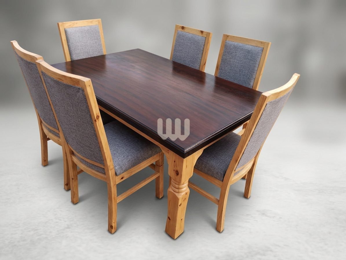 Claire & Clara Java 6-Seater Dining Set | Cypress Wood | Walnut MDF Tabletop | Grey Titan Fabric