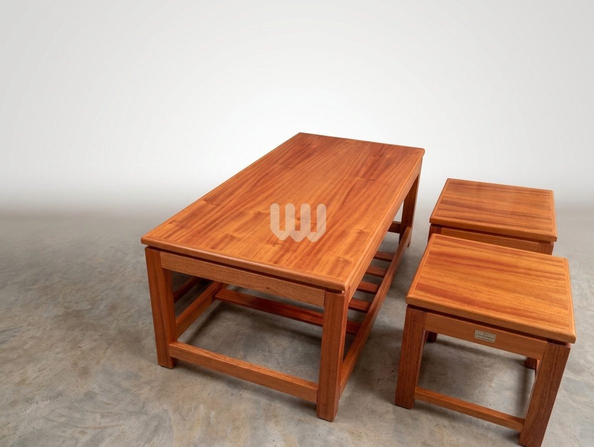 JewelWoods Essentials Coffee Set – 1 Table + 4 Stools | Mahogany Wood & Laminated Board Top