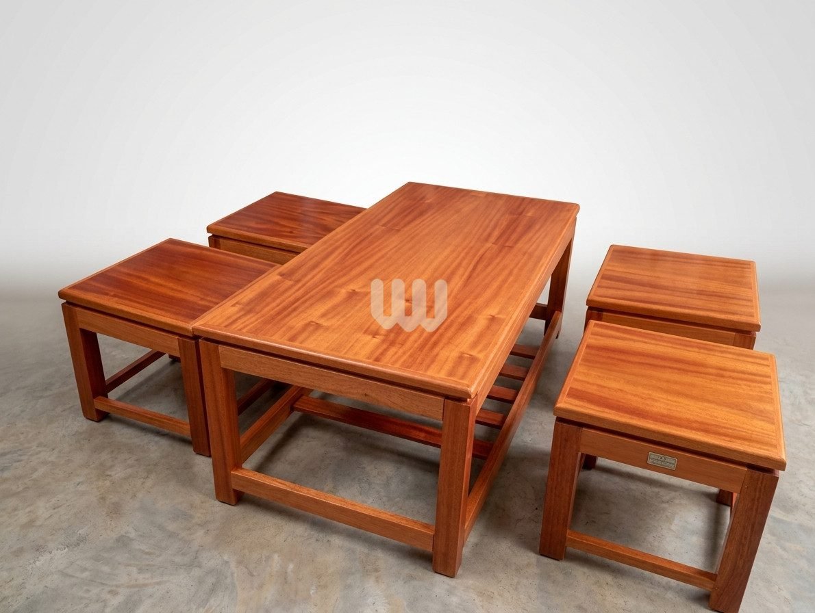 JewelWoods Essentials Coffee Set – 1 Table + 4 Stools | Mahogany Wood & Laminated Board Top