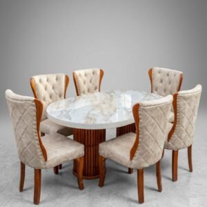 KimWoods Chester 6-Seater Tufted Dining Set | Quilted Upholstered Chairs | Marble Sheet Top | Beige Fabric