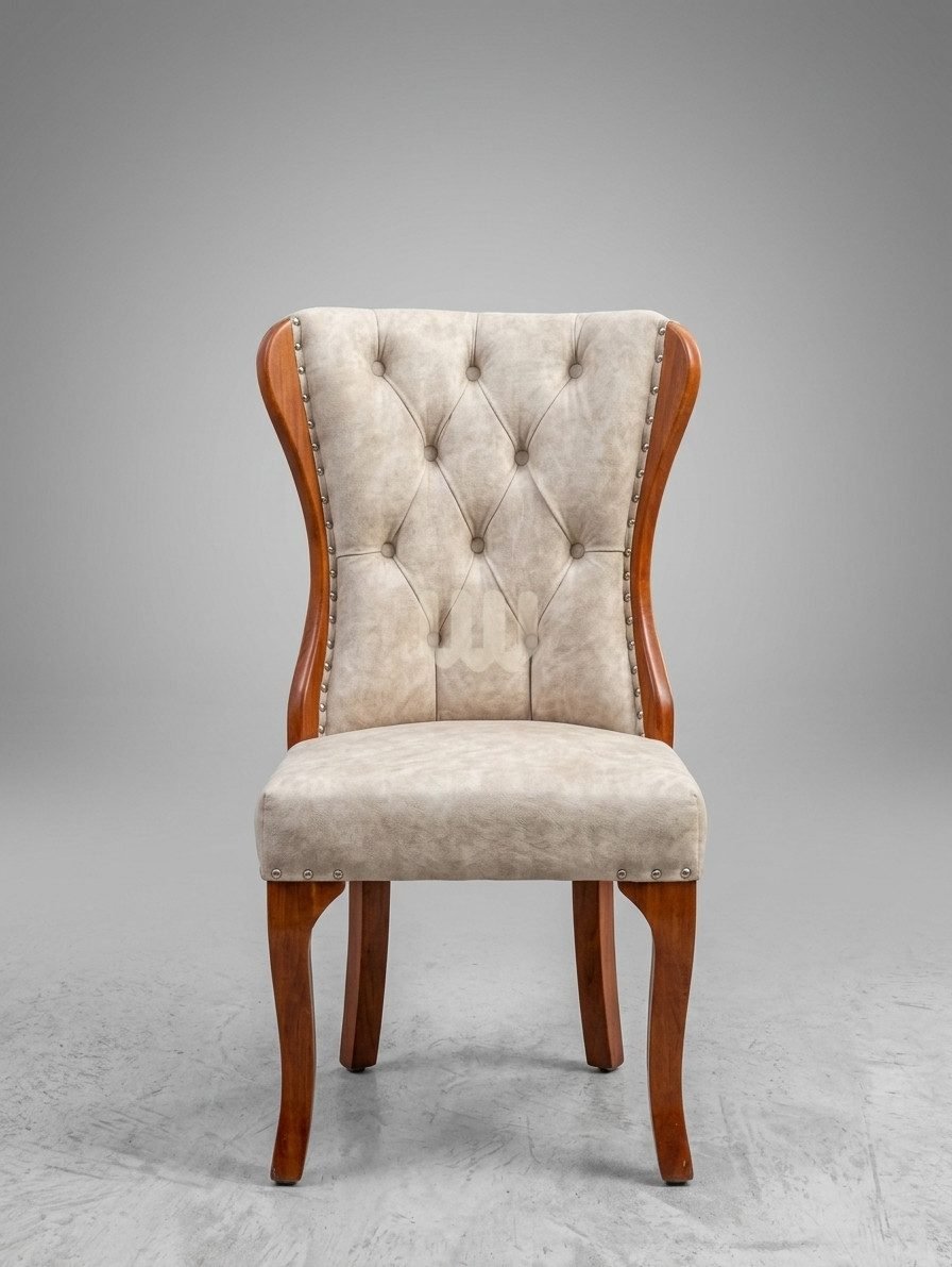 KimWoods Chester 6-Seater Tufted Dining Set | Quilted Upholstered Chairs | Marble Sheet Top | Beige Fabric