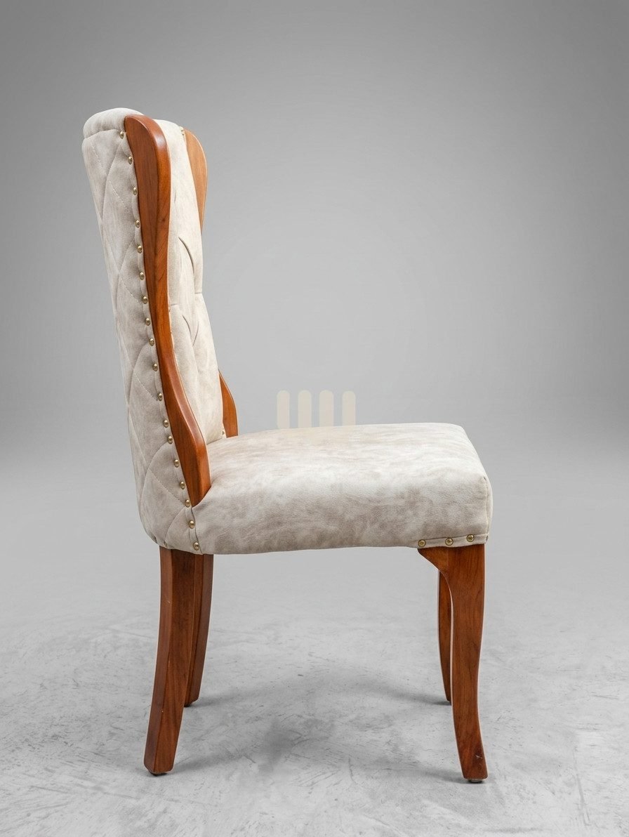 KimWoods Chester 6-Seater Tufted Dining Set | Quilted Upholstered Chairs | Marble Sheet Top | Beige Fabric