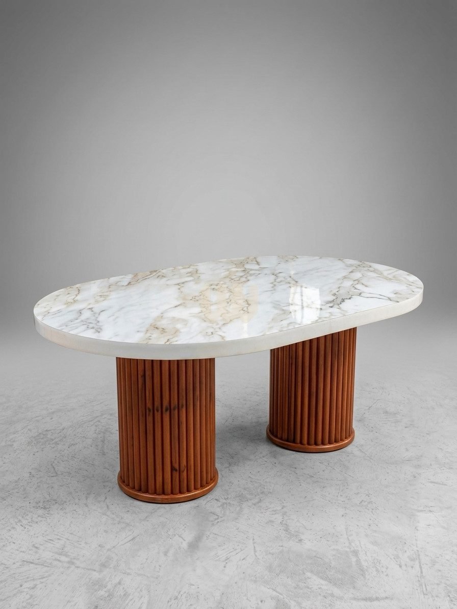 KimWoods Chester 6-Seater Tufted Dining Set | Quilted Upholstered Chairs | Marble Sheet Top | Beige Fabric