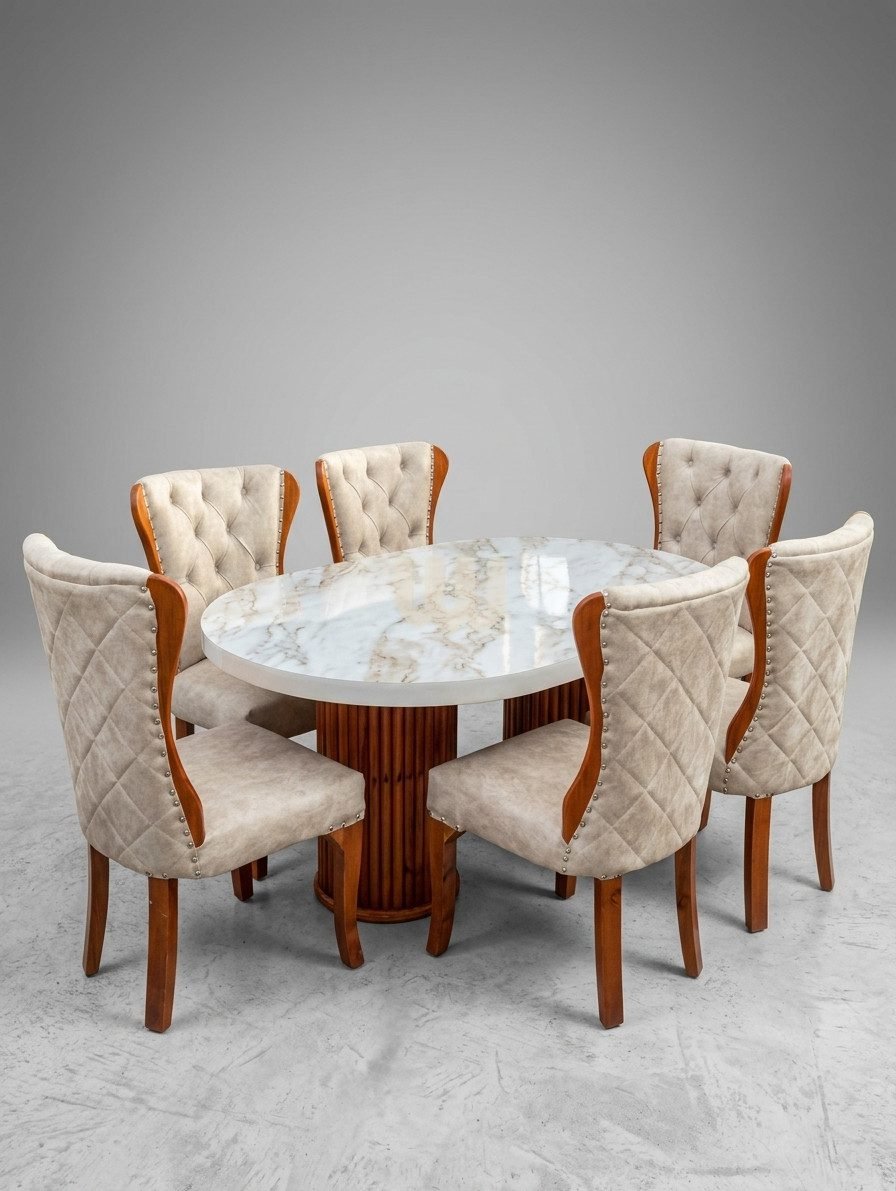 KimWoods Chester 6-Seater Tufted Dining Set | Quilted Upholstered Chairs | Marble Sheet Top | Beige Fabric