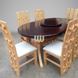 Mtwaper 6-Seater Cypress Dining Set | X-Pattern Chairs | Lazy Susan | Beige Fabric