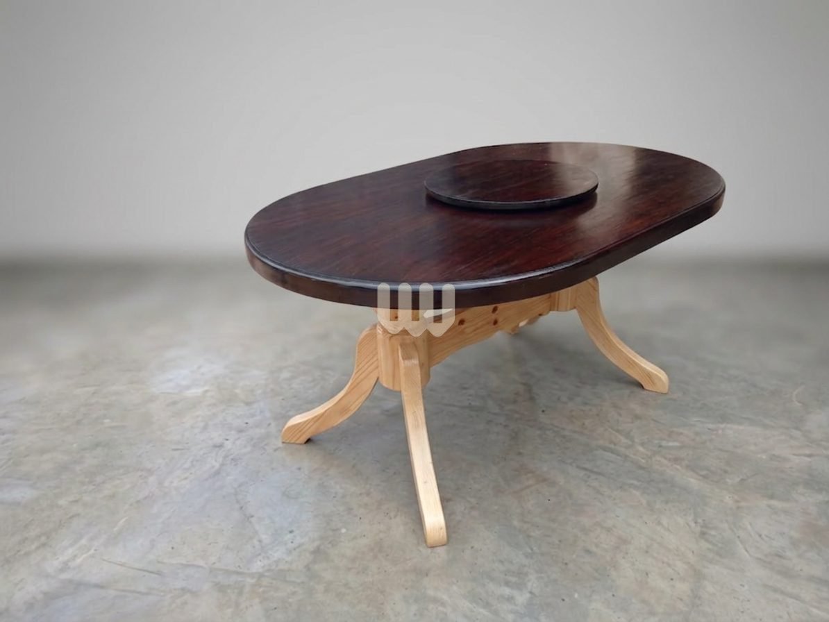 Mtwaper 6-Seater Cypress Dining Set | X-Pattern Chairs | Lazy Susan | Beige Fabric