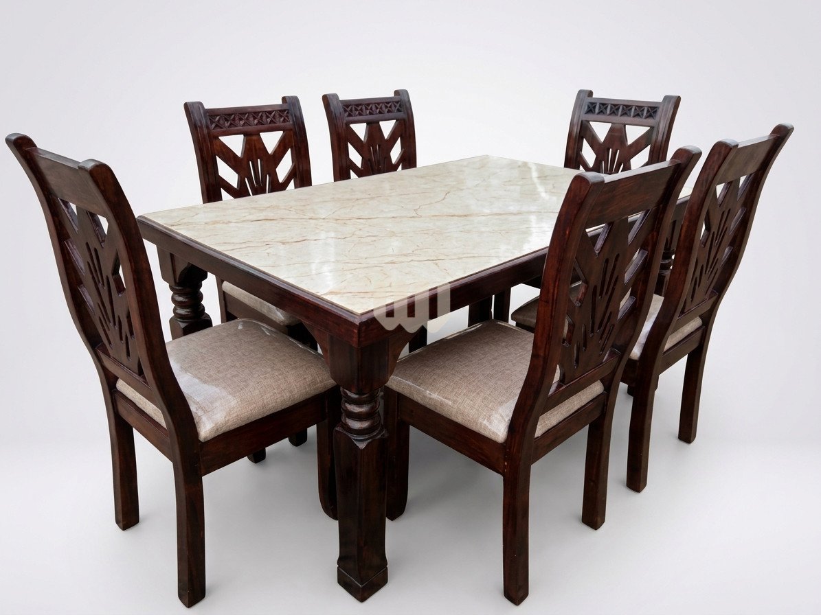 Mtwaper Unique 6-Seater Dining Set – Marble-Effect Top | Cypress Wood & Beige Upholstery