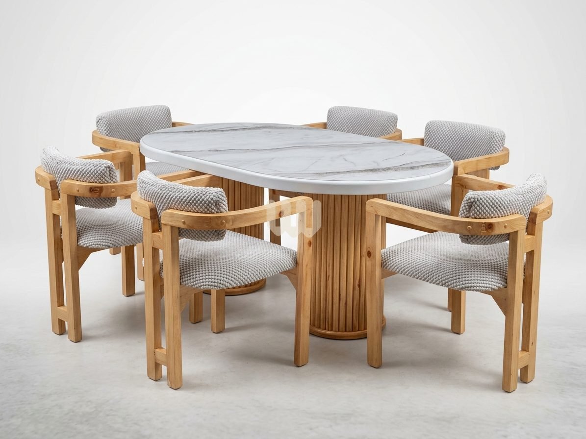 Sunshine 6-Seater Oval Dining Set | Natural Wood | Grey Fabric | Marble-Look Top