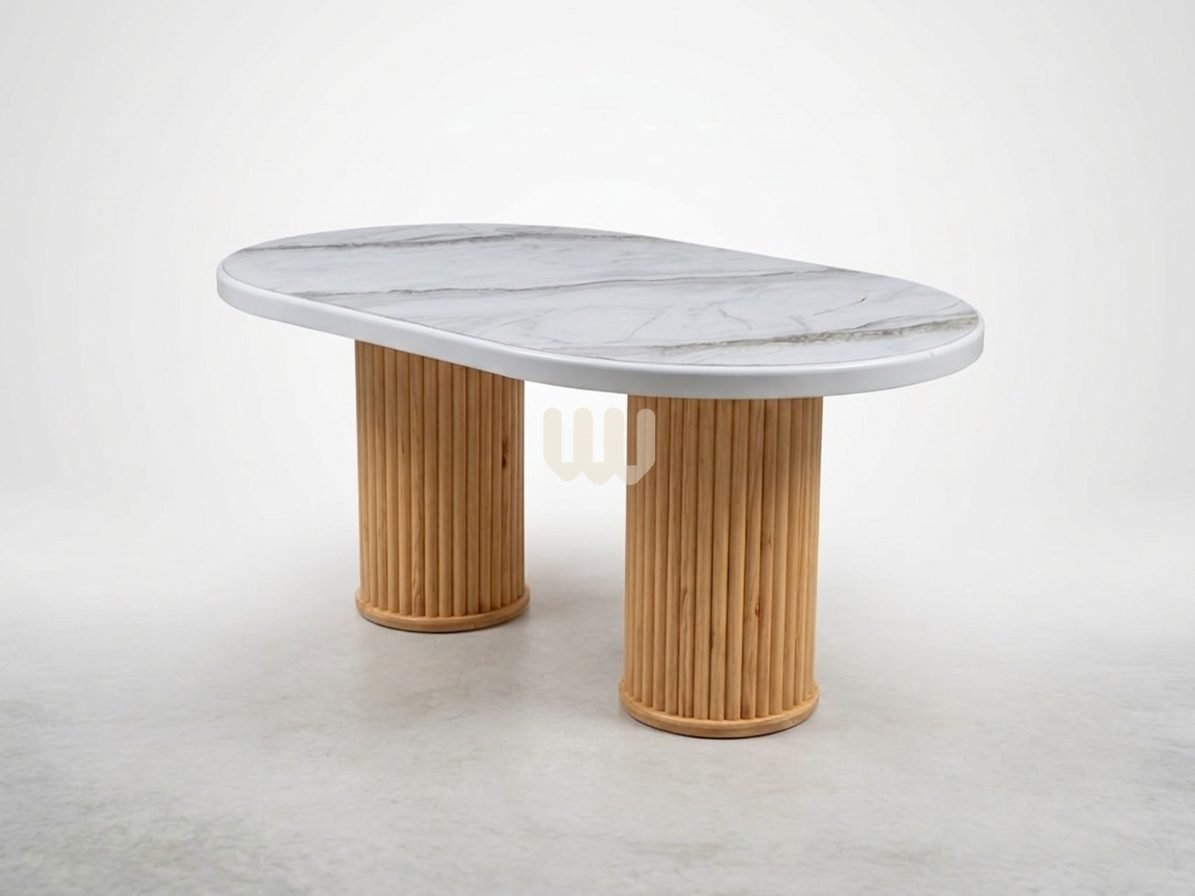 Sunshine 6-Seater Oval Dining Set | Natural Wood | Grey Fabric | Marble-Look Top
