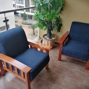 Alltime Balcony Open Sofa Set – Mahogany Wood Frame | Navy Blue Fabric | Clear Finish