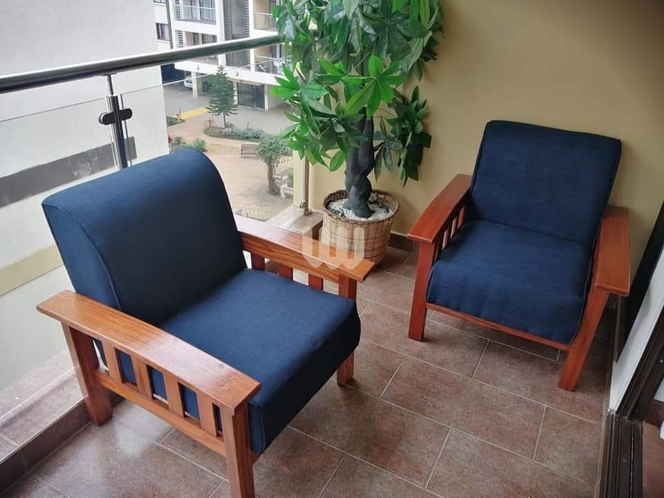 Alltime Balcony Open Sofa Set – Mahogany Wood Frame | Navy Blue Fabric | Clear Finish